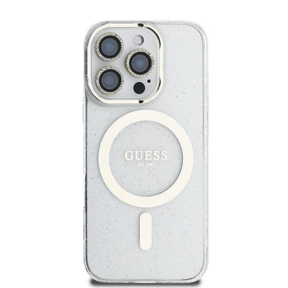 Apple iPhone 16 Pro Max Guess Orjinal Lisanslı 3'lü Aksesuar Seti IML Baskılı Simli Glitter Kılıf + Ekran Koruyucu + Lens Koruyucu Şeffaf