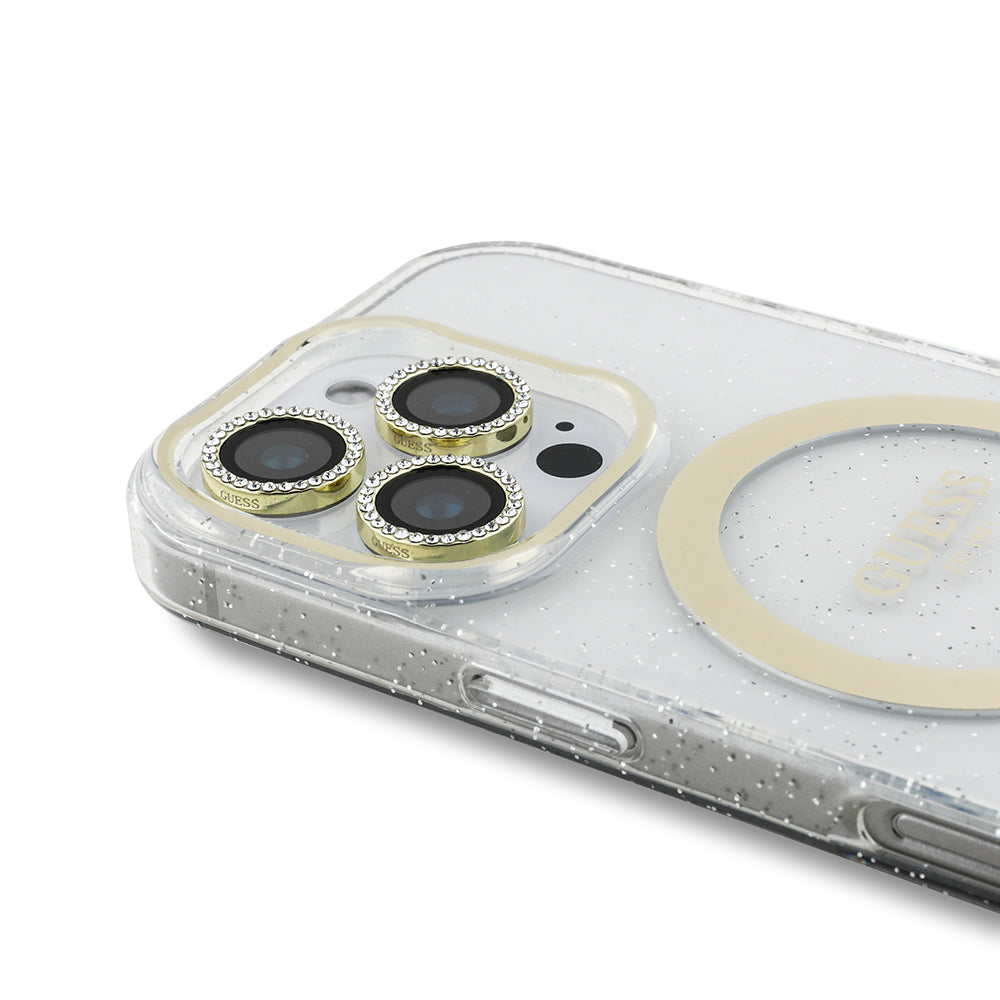 Apple iPhone 16 Pro Max Guess Orjinal Lisanslı 3'lü Aksesuar Seti IML Baskılı Simli Glitter Kılıf + Ekran Koruyucu + Lens Koruyucu Şeffaf