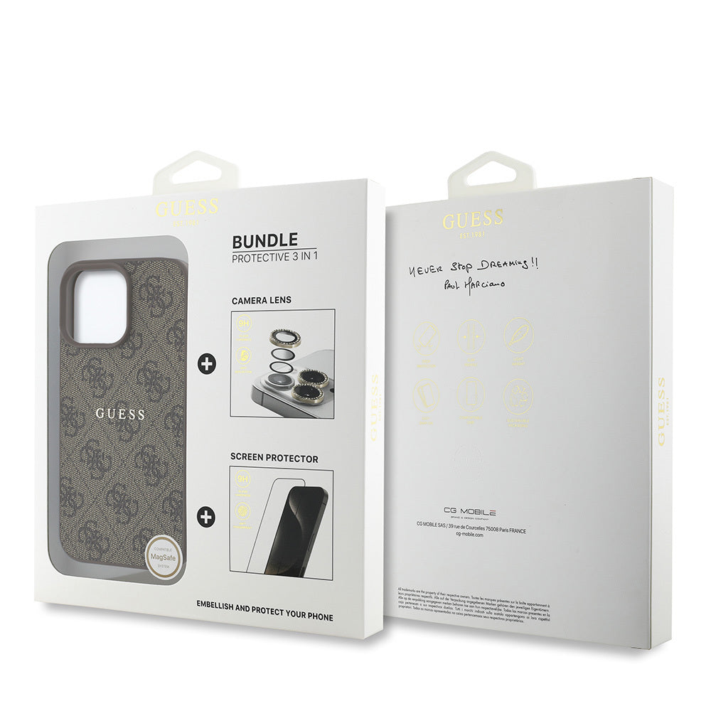 Apple iPhone 16 Pro Max Guess Orjinal Lisanslı Kılıf + Ekran Koruyucu + Lens Koruyucu 3in1 Aksesuar Seti Kahverengi