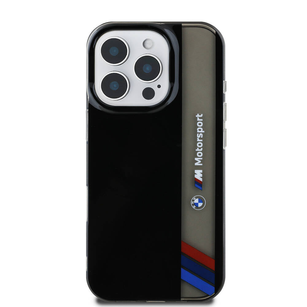iPhone 16 Pro Max Kılıf BMW Orjinal Lisanslı M Logolu Üç Renk Çizgili Motorsport Vertical Stripe Kılıf Siyah