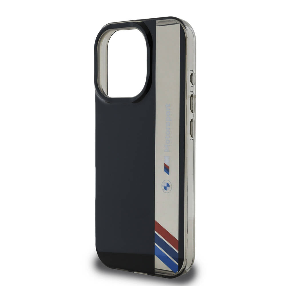 iPhone 16 Pro Max Kılıf BMW Orjinal Lisanslı M Logolu Üç Renk Çizgili Motorsport Vertical Stripe Kılıf Siyah