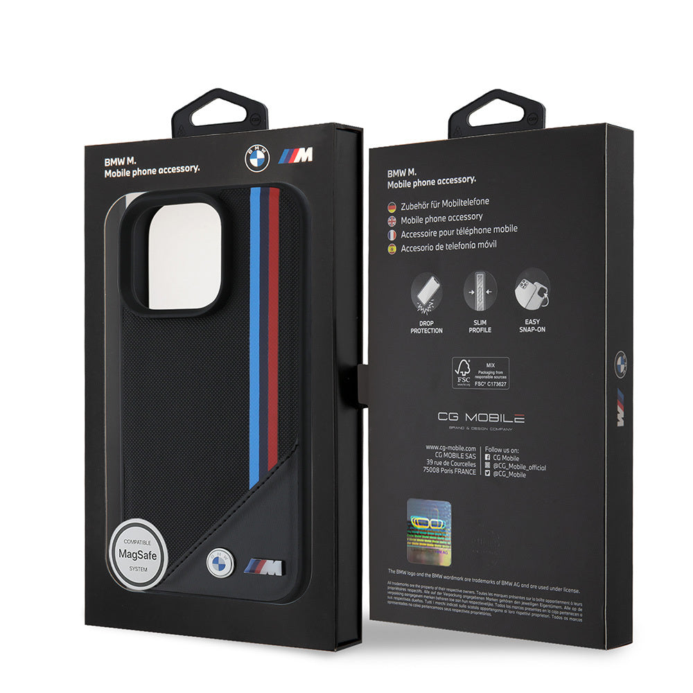 iPhone 16 Pro Max Kılıf BMW Orjinal Lisanslı Magsafe Şarj Özellikli M Logolu Üç Çizgili Dikiş Detaylı Meshed Tricolor Stripes Kılıf Siyah