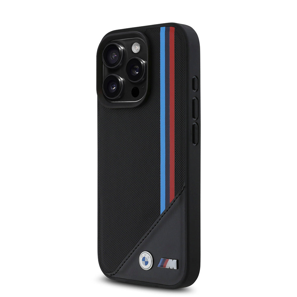 iPhone 16 Pro Max Kılıf BMW Orjinal Lisanslı Magsafe Şarj Özellikli M Logolu Üç Çizgili Dikiş Detaylı Meshed Tricolor Stripes Kılıf Siyah