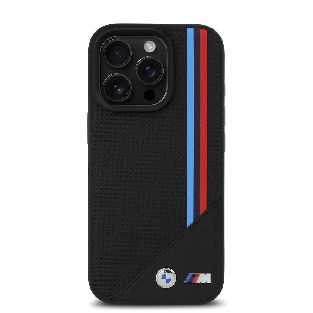 iPhone 16 Pro Max Kılıf BMW Orjinal Lisanslı Magsafe Şarj Özellikli M Logolu Üç Çizgili Dikiş Detaylı Meshed Tricolor Stripes Kılıf Siyah