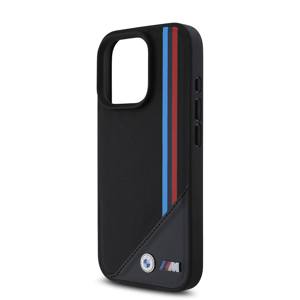 iPhone 16 Pro Max Kılıf BMW Orjinal Lisanslı Magsafe Şarj Özellikli M Logolu Üç Çizgili Dikiş Detaylı Meshed Tricolor Stripes Kılıf Siyah