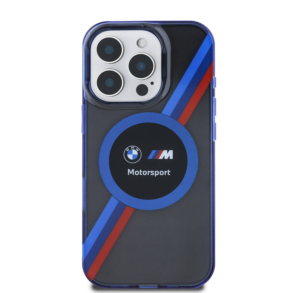 iPhone 16 Pro Max Kılıf BMW Orjinal Lisanslı Magsafe Şarj Özellikli M Logolu Üç Renk Çizgili Motorsport Circle Kılıf Şeffaf