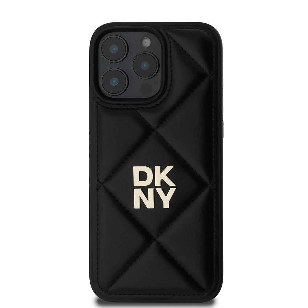 iPhone 16 Pro Max Kılıf DKNY Orjinal Lisanslı Kapitone Tasarımlı Metal Logolu Deri Kılıf Siyah
