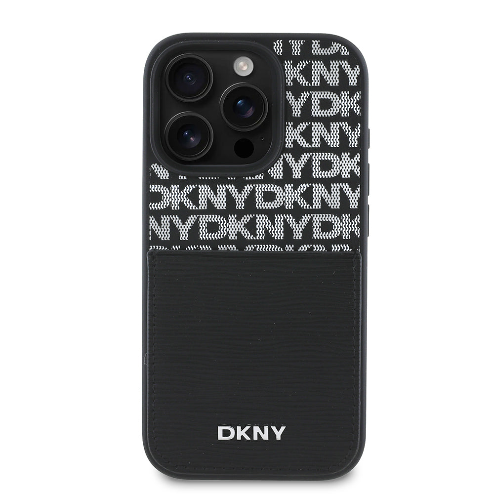 iPhone 16 Pro Max Kılıf DKNY Orjinal Lisanslı Kartlıklı 3D Yazılı Repeat Texture Pattern Kılıf Siyah