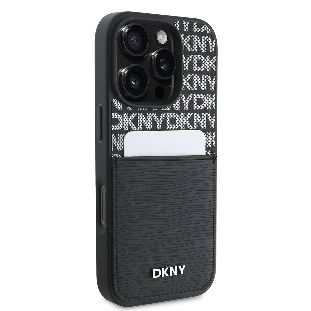 iPhone 16 Pro Max Kılıf DKNY Orjinal Lisanslı Kartlıklı 3D Yazılı Repeat Texture Pattern Kılıf Siyah
