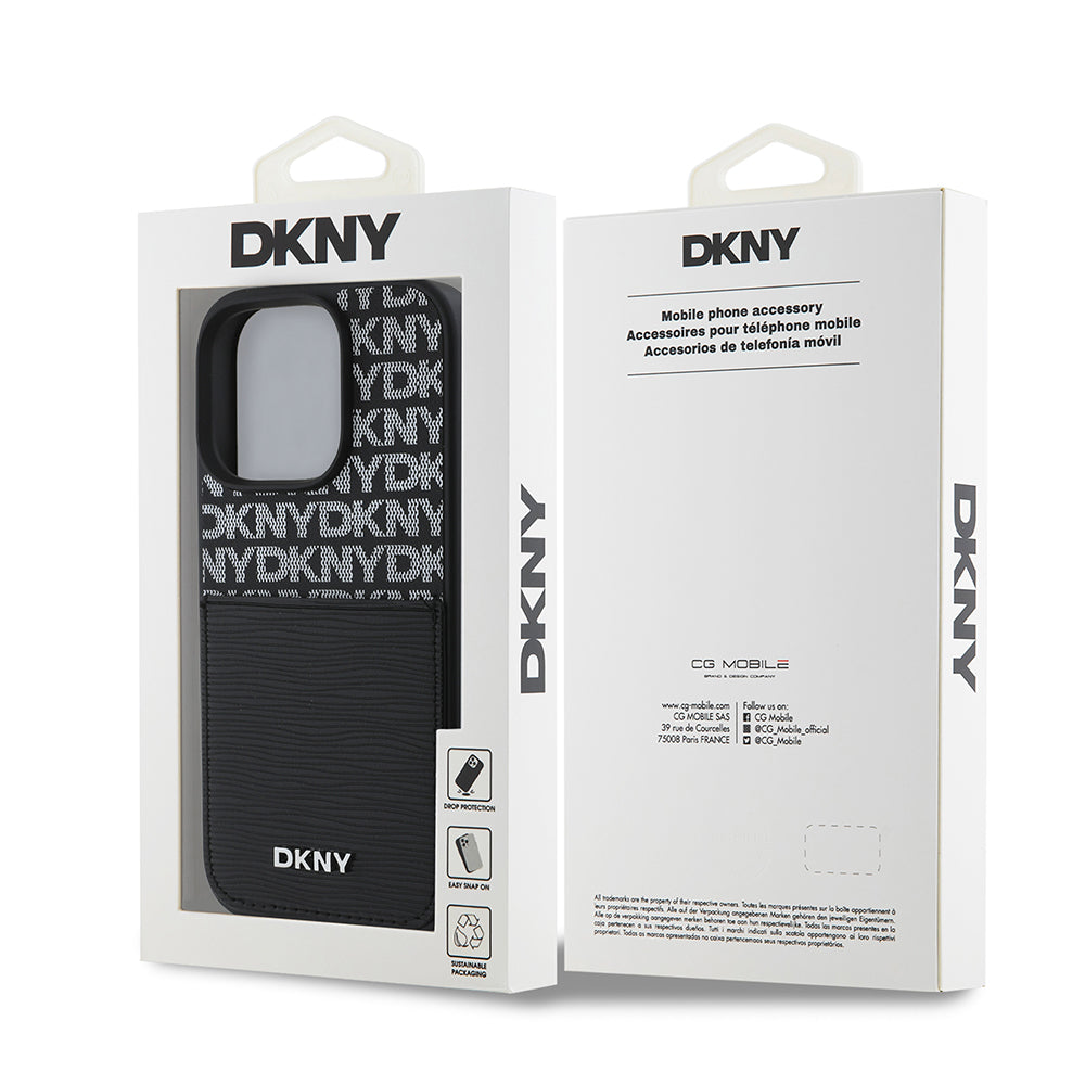iPhone 16 Pro Max Kılıf DKNY Orjinal Lisanslı Kartlıklı 3D Yazılı Repeat Texture Pattern Kılıf Siyah
