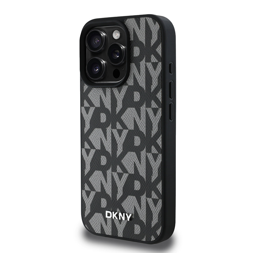 Apple iPhone 16 Pro Max Kılıf DKNY Orjinal Lisanslı M-safe Şarj Özellikli 3D Yazılı Grid Pattern Kapak Kahverengi