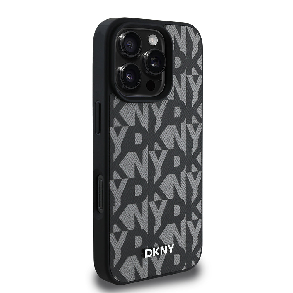 Apple iPhone 16 Pro Max Kılıf DKNY Orjinal Lisanslı M-safe Şarj Özellikli 3D Yazılı Grid Pattern Kapak Kahverengi