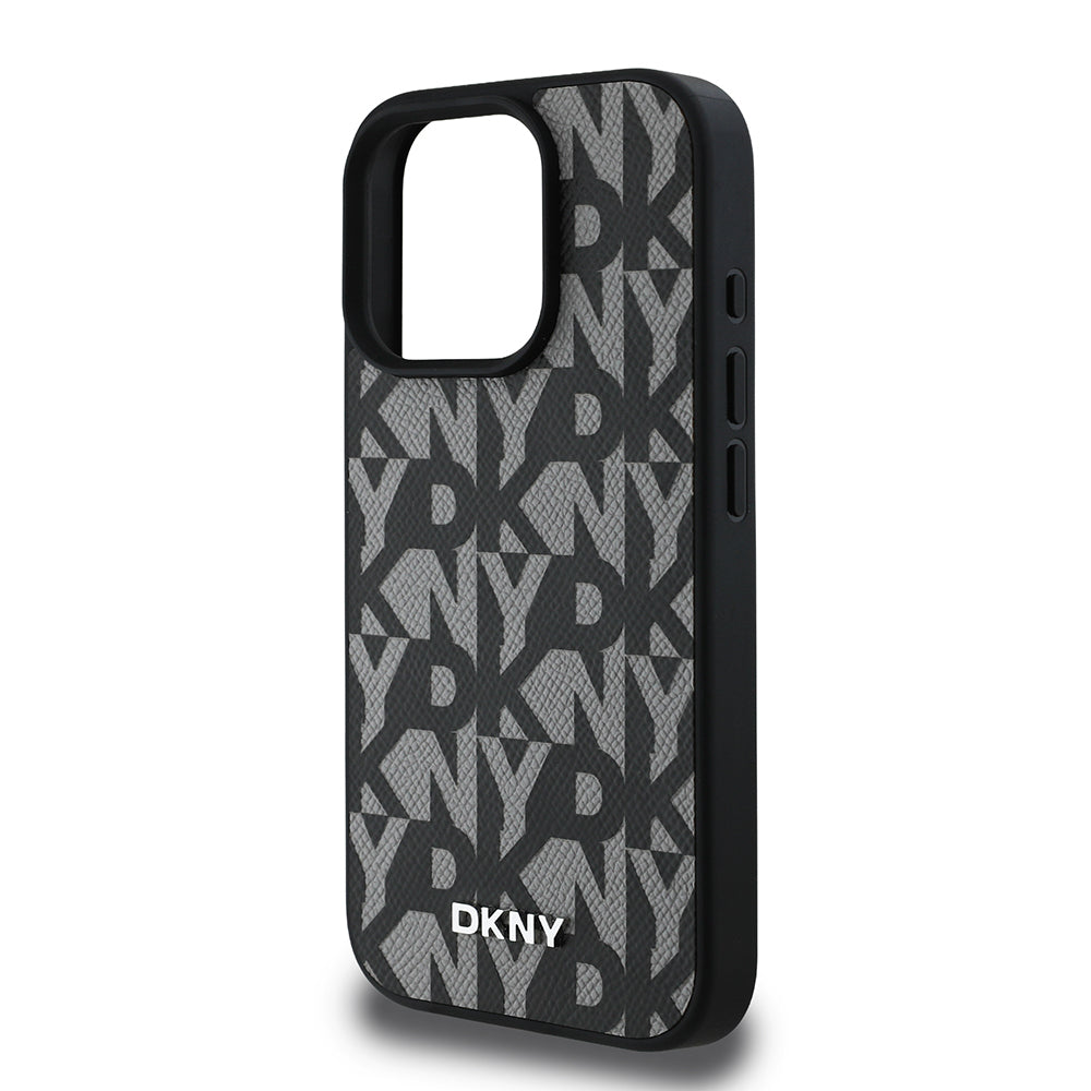 Apple iPhone 16 Pro Max Kılıf DKNY Orjinal Lisanslı M-safe Şarj Özellikli 3D Yazılı Grid Pattern Kapak Kahverengi