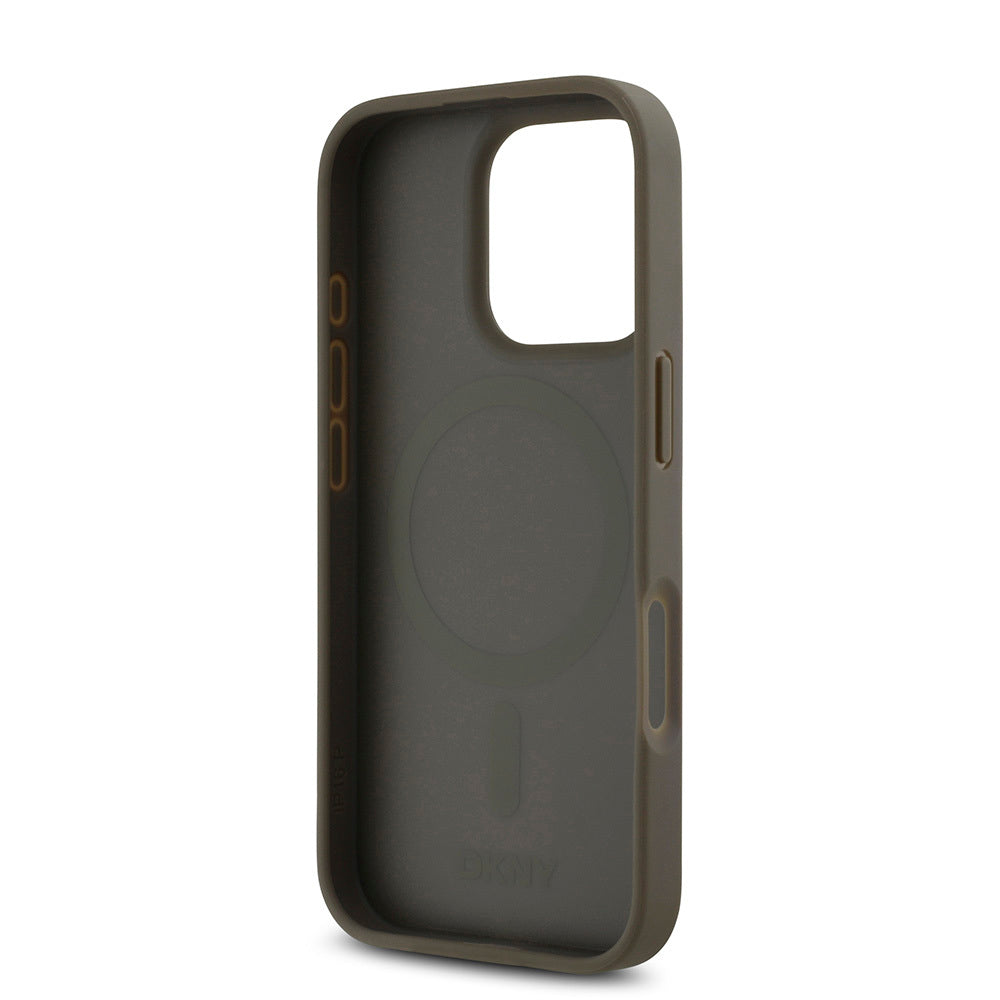 iPhone 16 Pro Max Kılıf DKNY Orjinal Lisanslı Magsafe Şarj Özellikli 3D Yazılı Repeat Pattern Kılıf Kahverengi