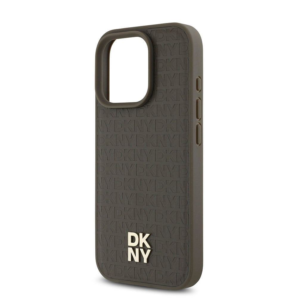 iPhone 16 Pro Max Kılıf DKNY Orjinal Lisanslı Magsafe Şarj Özellikli 3D Yazılı Repeat Pattern Kılıf Kahverengi