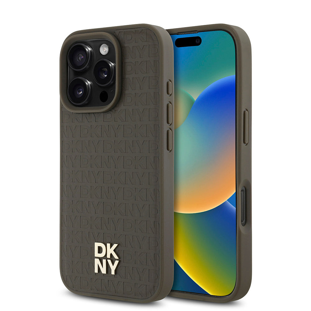 iPhone 16 Pro Max Kılıf DKNY Orjinal Lisanslı Magsafe Şarj Özellikli 3D Yazılı Repeat Pattern Kılıf Kahverengi