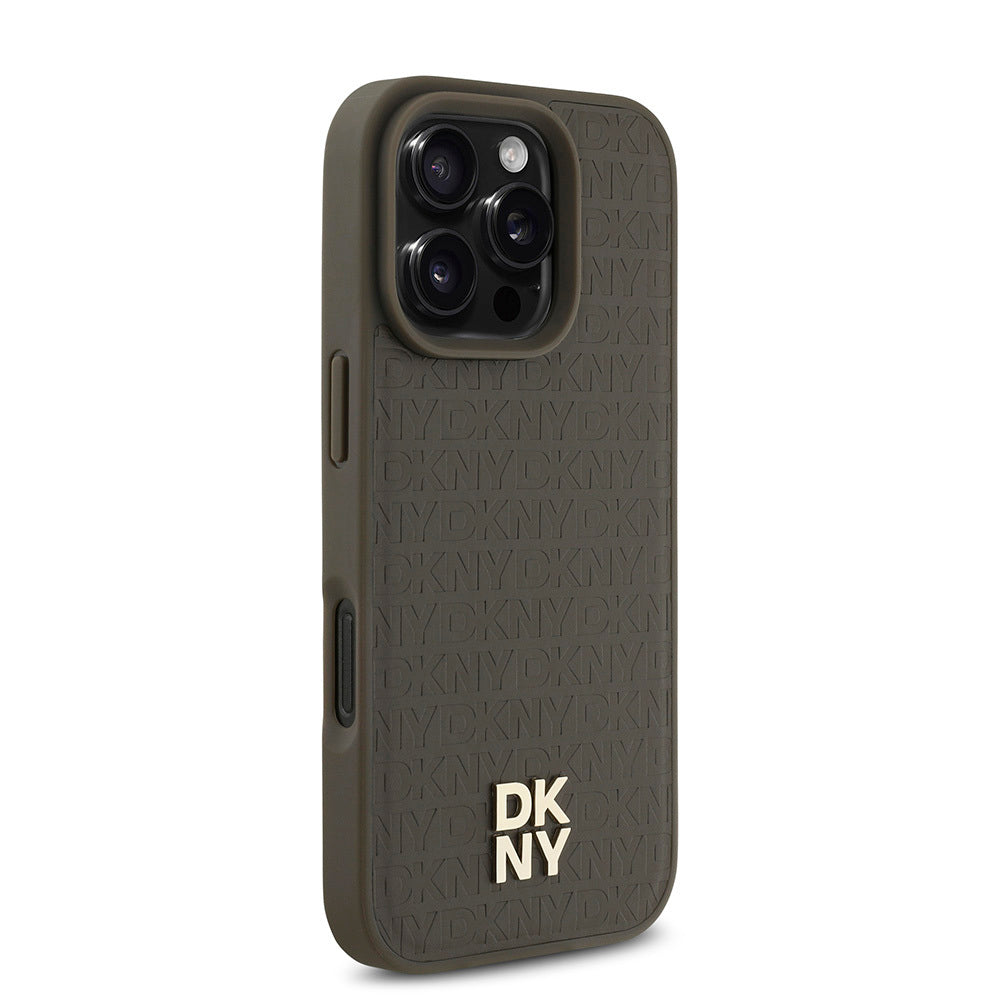 iPhone 16 Pro Max Kılıf DKNY Orjinal Lisanslı Magsafe Şarj Özellikli 3D Yazılı Repeat Pattern Kılıf Kahverengi