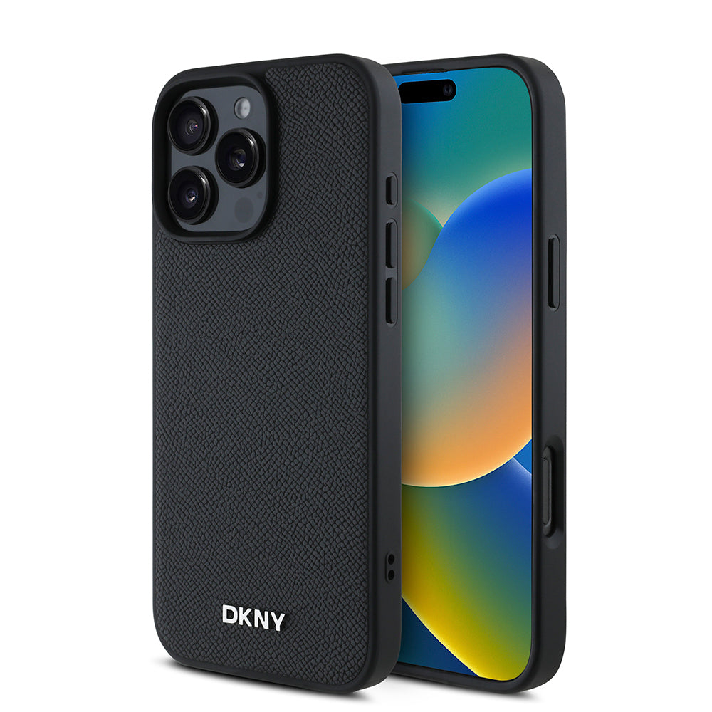 iPhone 16 Pro Max Kılıf DKNY Orjinal Lisanslı Magsafe Şarj Özellikli Metal Logolu PU Deri Grained Kılıf Siyah
