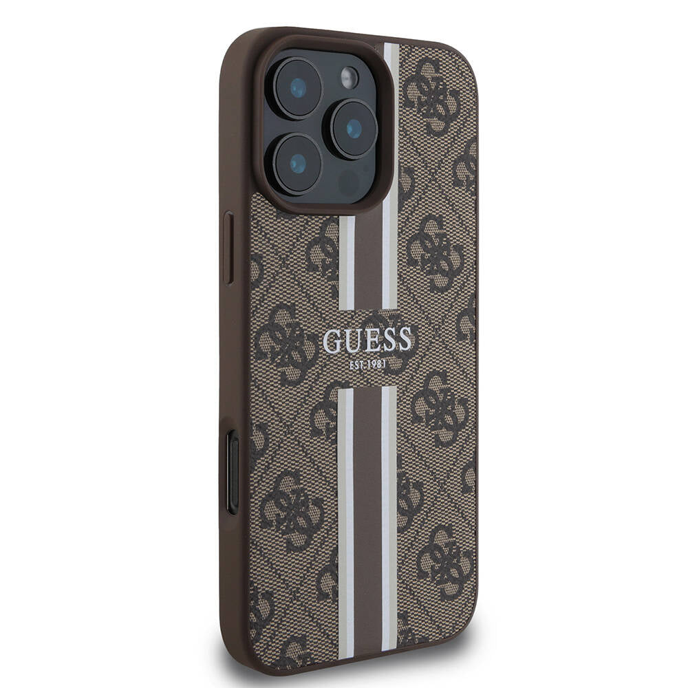 Apple iPhone 16 Pro Max Kılıf Guess Orjinal Lisanslı Magsafe Şarj Özellikli 4G Şerit Tasarımlı Printed Kapak Siyah