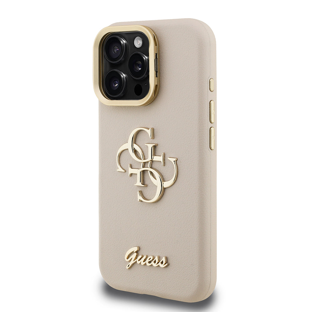 Apple iPhone 16 Pro Max Kılıf Guess Orjinal Lisanslı Grained Yazı Logolu Kamera Standlı Kapak Bej