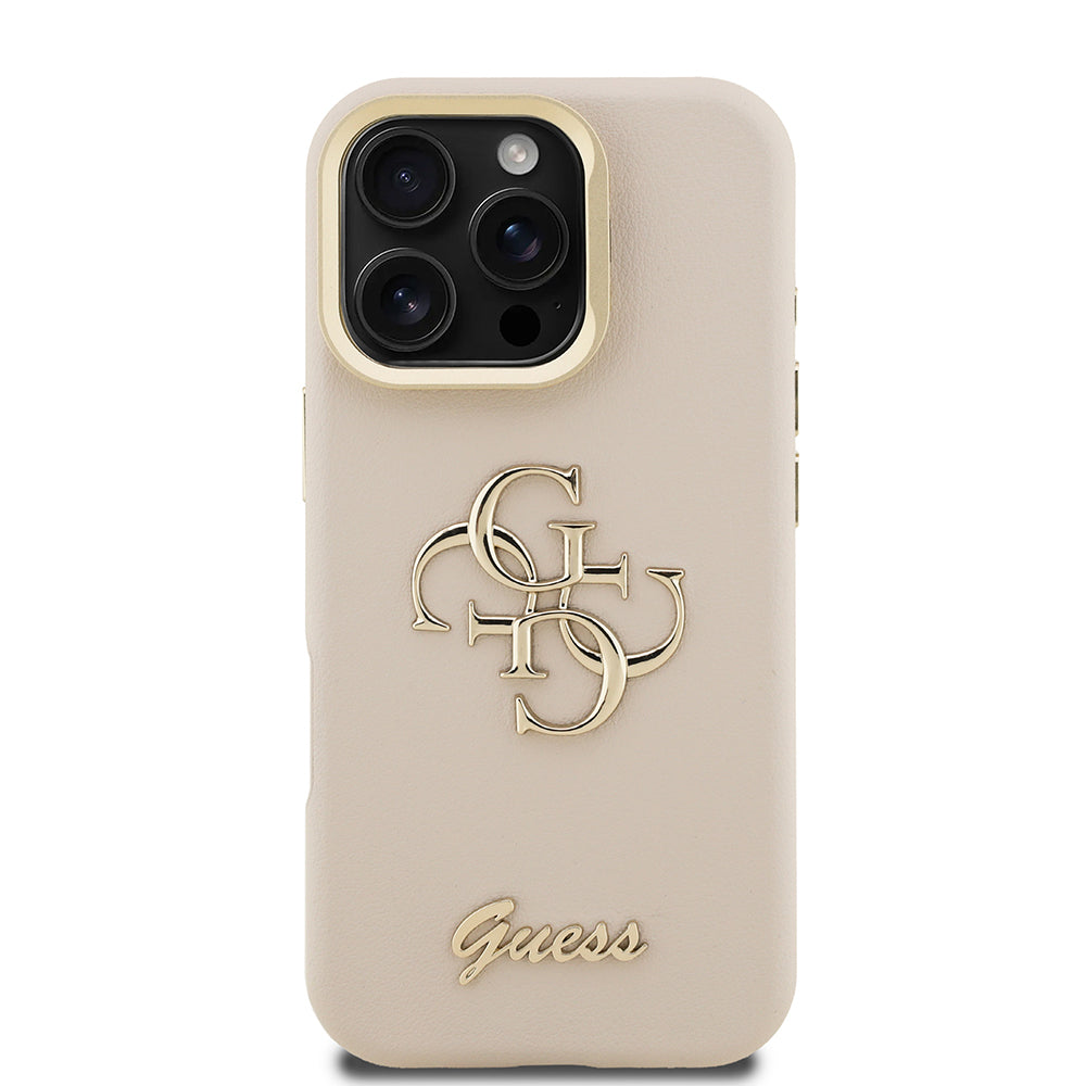 Apple iPhone 16 Pro Max Kılıf Guess Orjinal Lisanslı Grained Yazı Logolu Kamera Standlı Kapak Bej