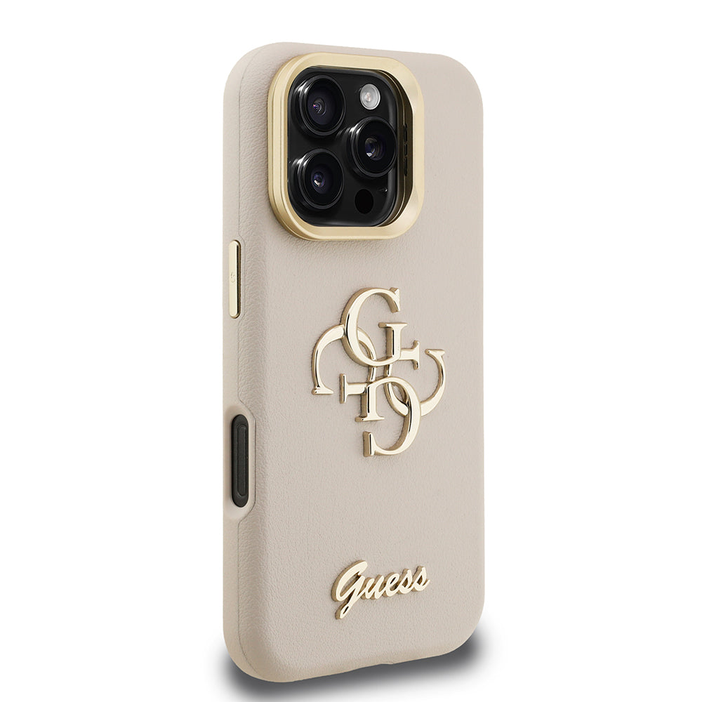 Apple iPhone 16 Pro Max Kılıf Guess Orjinal Lisanslı Grained Yazı Logolu Kamera Standlı Kapak Bej