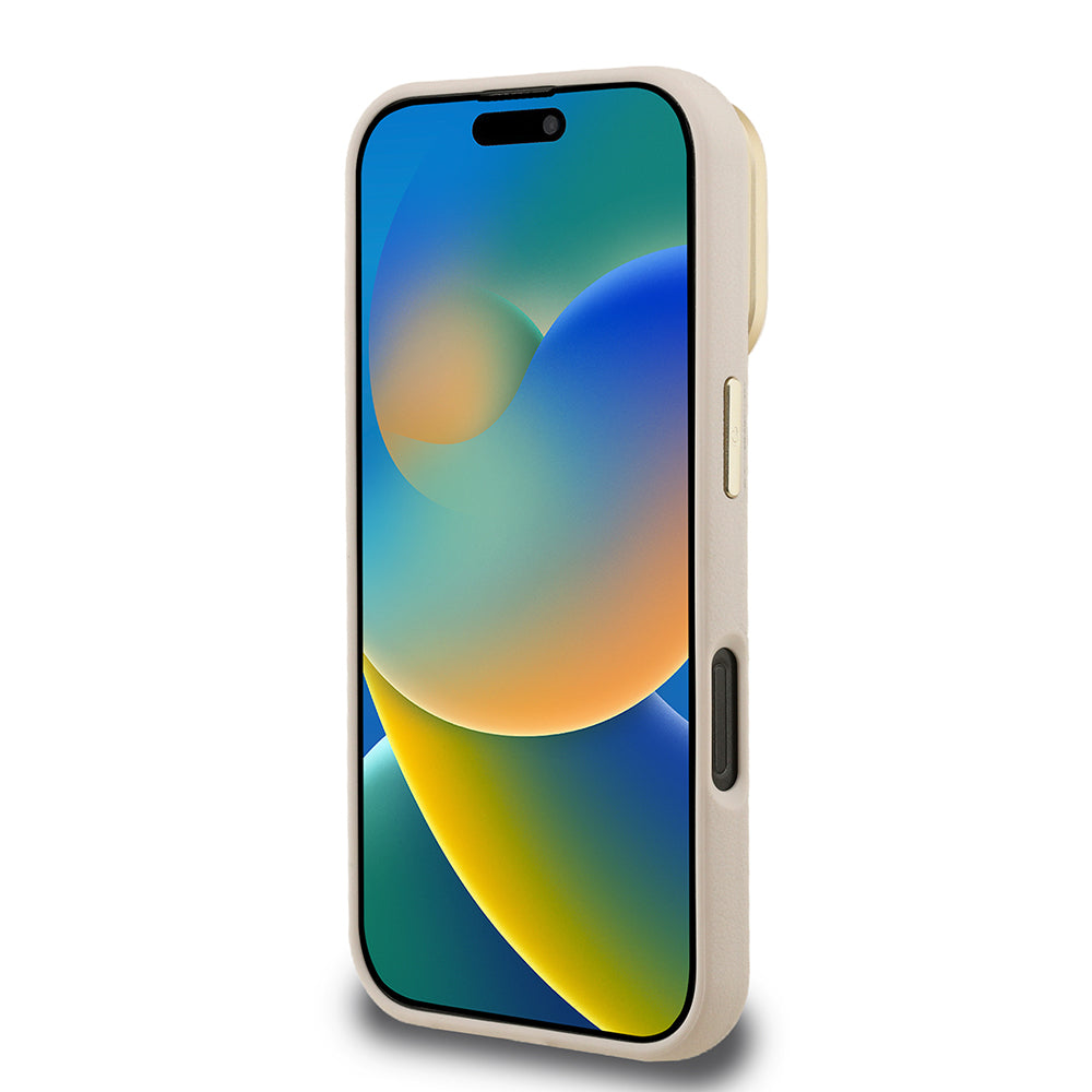 Apple iPhone 16 Pro Max Kılıf Guess Orjinal Lisanslı Grained Yazı Logolu Kamera Standlı Kapak Bej