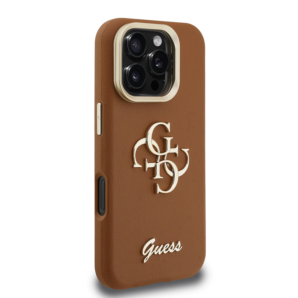 Apple iPhone 16 Pro Max Kılıf Guess Orjinal Lisanslı Grained Yazı Logolu Kamera Standlı Kapak Kahverengi
