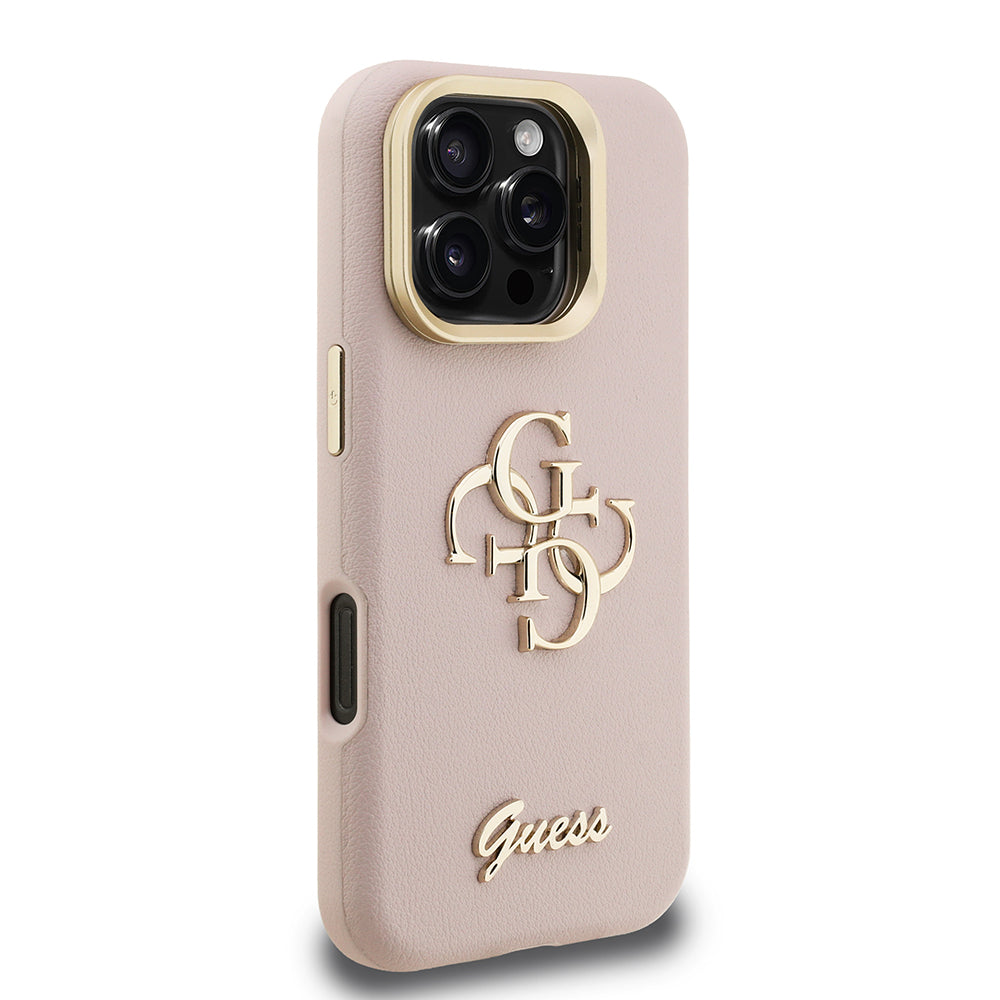 Apple iPhone 16 Pro Max Kılıf Guess Orjinal Lisanslı Grained Yazı Logolu Kamera Standlı Kapak Pembe