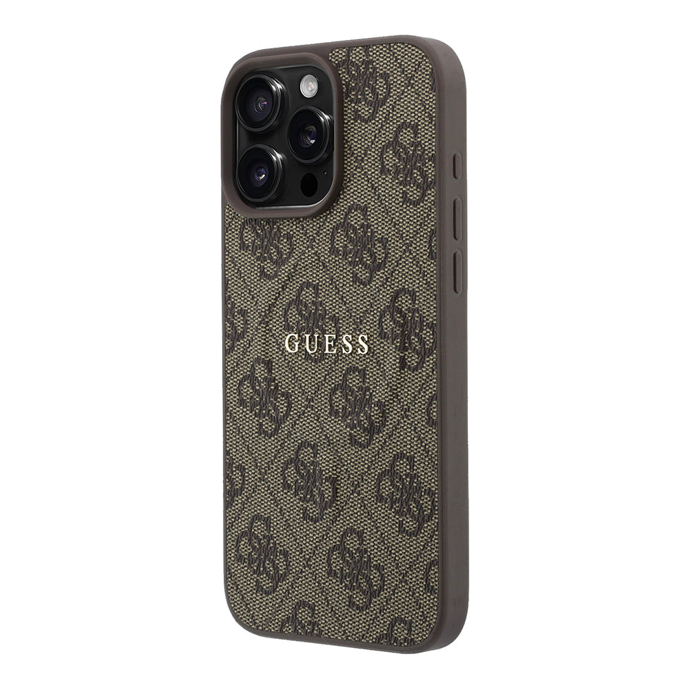 Apple iPhone 16 Pro Max Kılıf Guess Orjinal Lisanslı M-safe Kabartmalı 4G Desenli Yazı Logolu Kapak Kahverengi