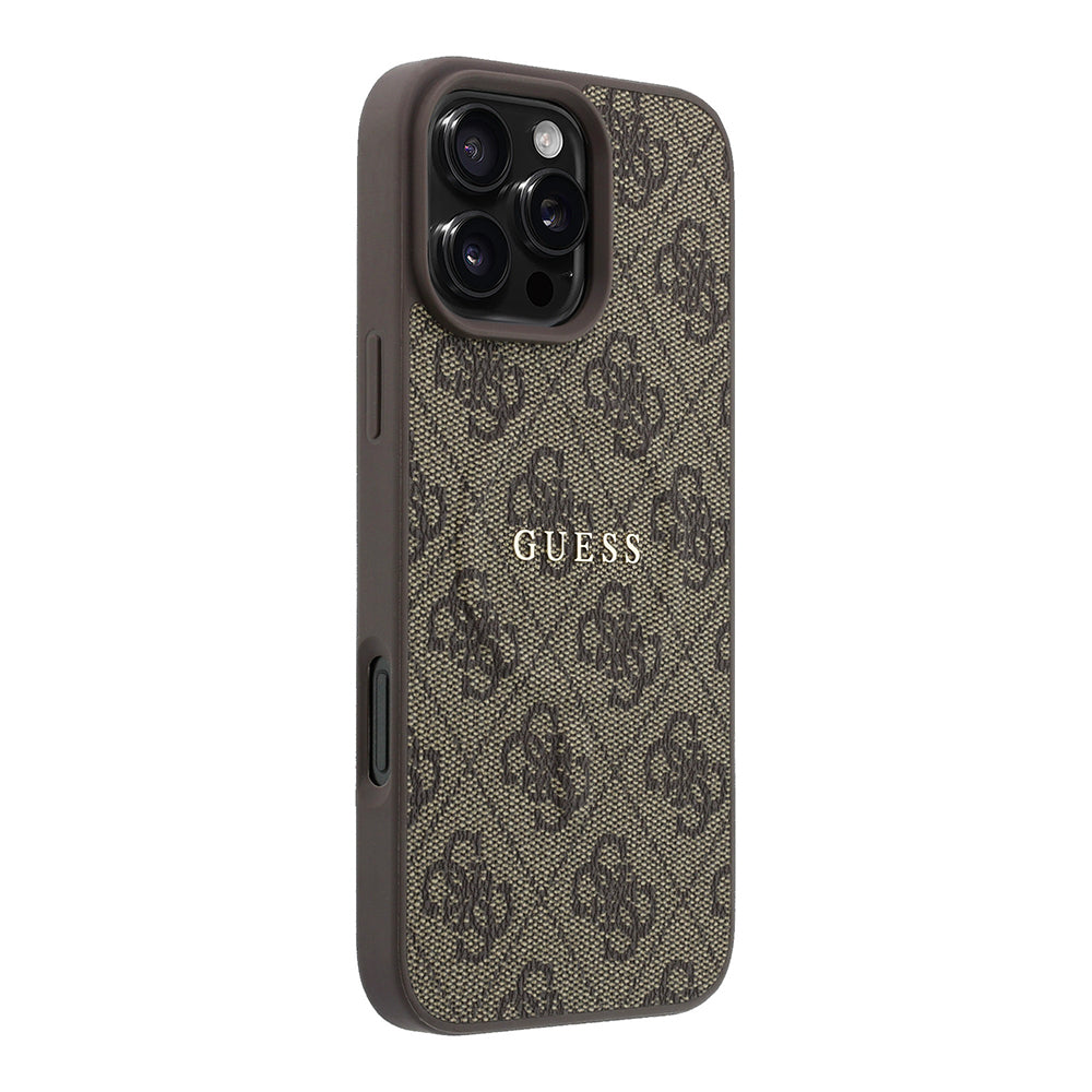 Apple iPhone 16 Pro Max Kılıf Guess Orjinal Lisanslı M-safe Kabartmalı 4G Desenli Yazı Logolu Kapak Kahverengi