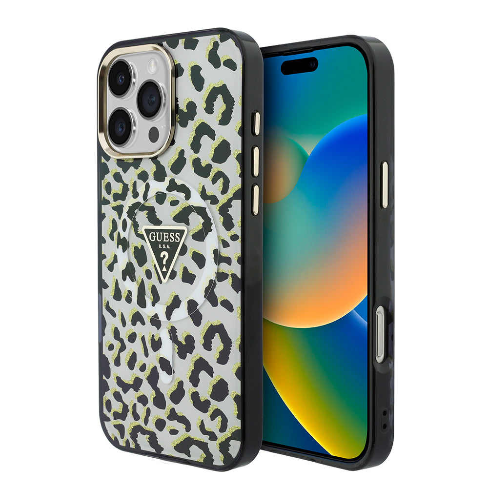 Apple iPhone 16 Pro Max Kılıf Guess Orjinal Lisanslı M-safe Şarj Özellikli Üçgen Logolu Simli Leopar Desenli Kapak Siyah