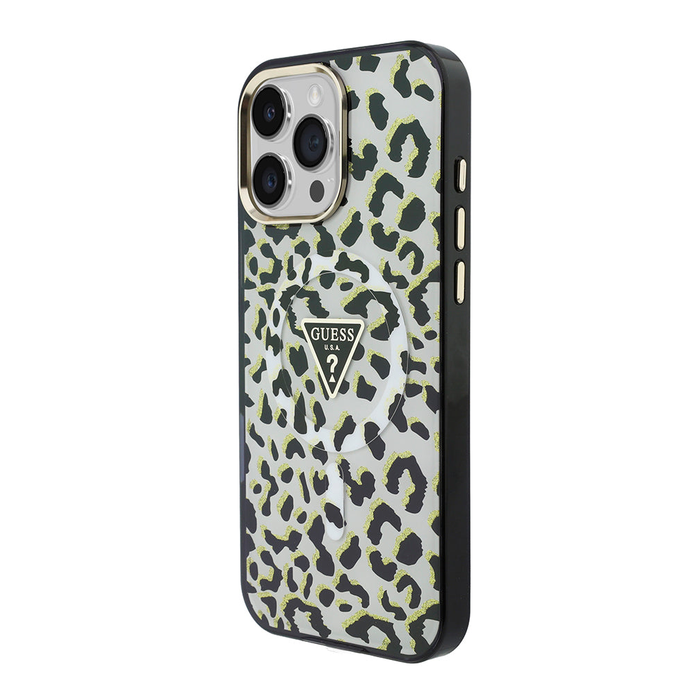 Apple iPhone 16 Pro Max Kılıf Guess Orjinal Lisanslı M-safe Şarj Özellikli Üçgen Logolu Simli Leopar Desenli Kapak Siyah