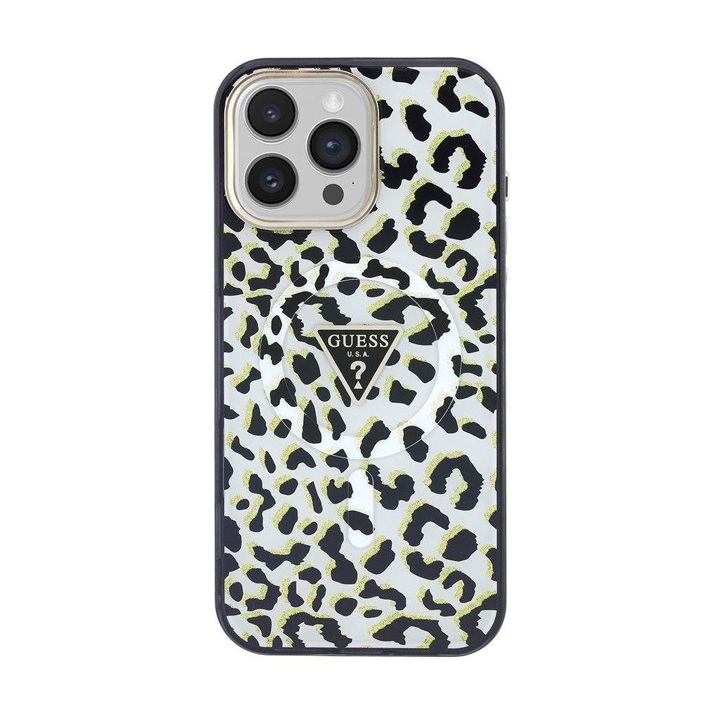 Apple iPhone 16 Pro Max Kılıf Guess Orjinal Lisanslı M-safe Şarj Özellikli Üçgen Logolu Simli Leopar Desenli Kapak Siyah