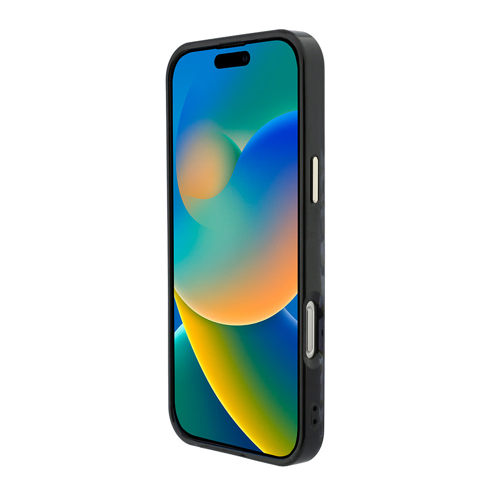 Apple iPhone 16 Pro Max Kılıf Guess Orjinal Lisanslı M-safe Şarj Özellikli Üçgen Logolu Simli Leopar Desenli Kapak Siyah