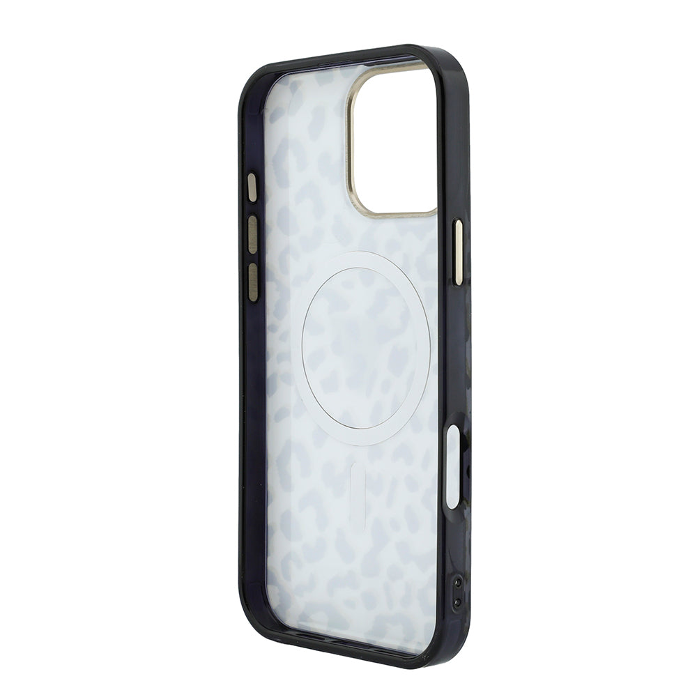 Apple iPhone 16 Pro Max Kılıf Guess Orjinal Lisanslı M-safe Şarj Özellikli Üçgen Logolu Simli Leopar Desenli Kapak Siyah