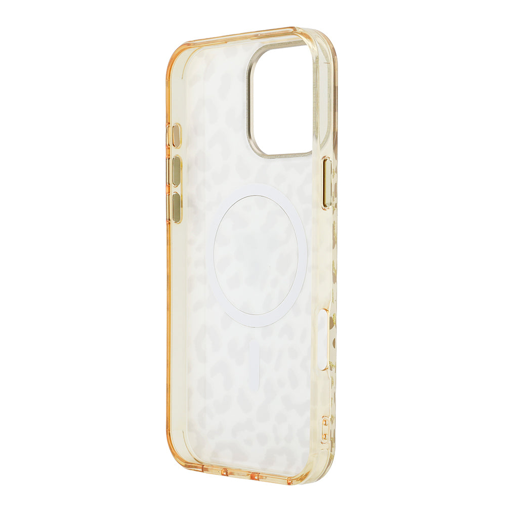 Apple iPhone 16 Pro Max Kılıf Guess Orjinal Lisanslı M-safe Şarj Özellikli Üçgen Logolu Simli Leopar Desenli Kapak Kahverengi