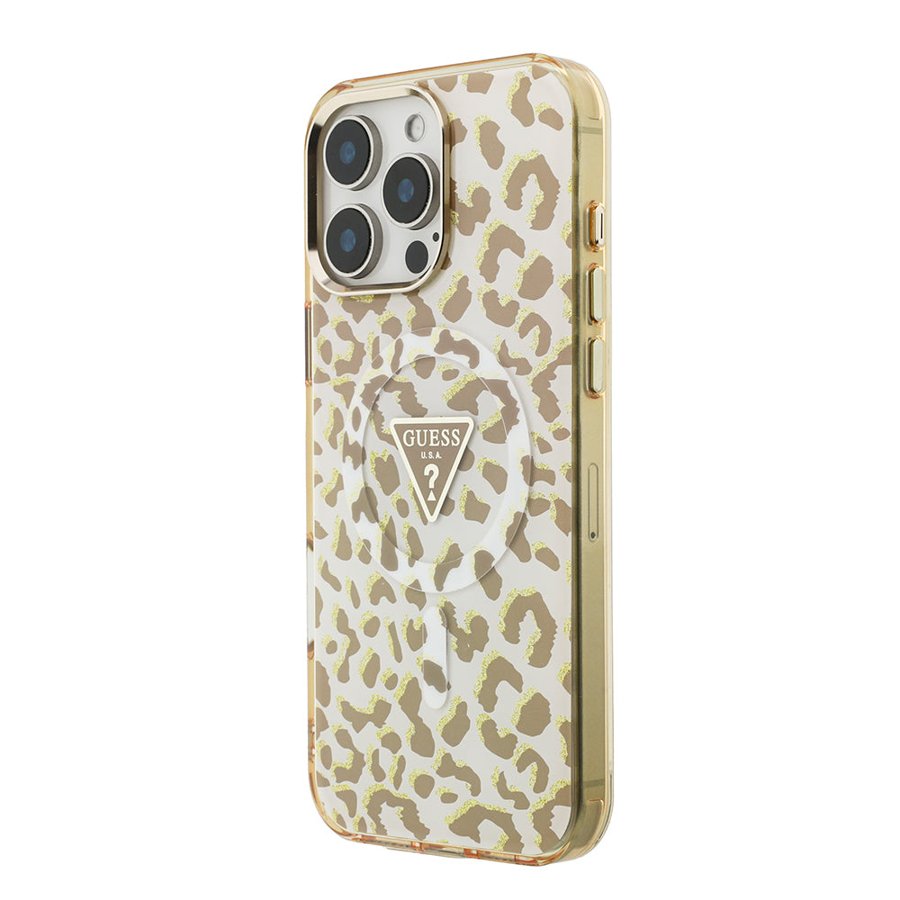 Apple iPhone 16 Pro Max Kılıf Guess Orjinal Lisanslı M-safe Şarj Özellikli Üçgen Logolu Simli Leopar Desenli Kapak Kahverengi