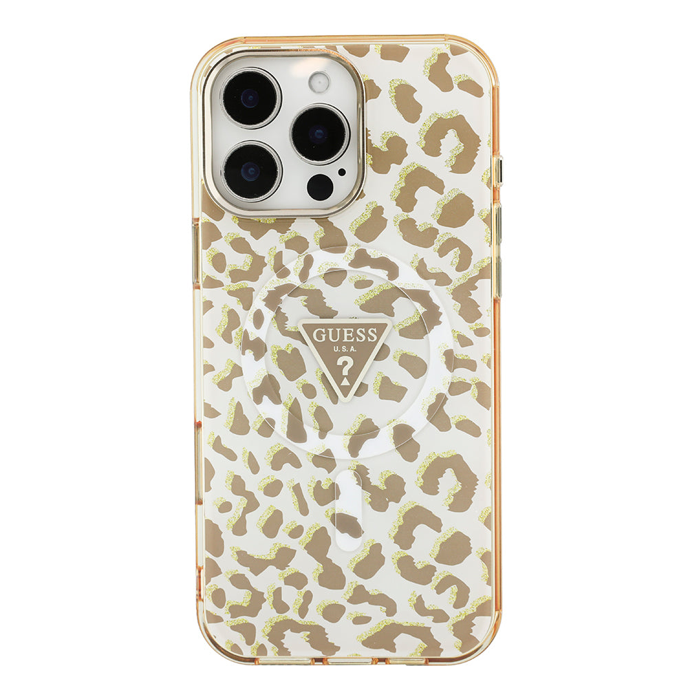 Apple iPhone 16 Pro Max Kılıf Guess Orjinal Lisanslı M-safe Şarj Özellikli Üçgen Logolu Simli Leopar Desenli Kapak Kahverengi