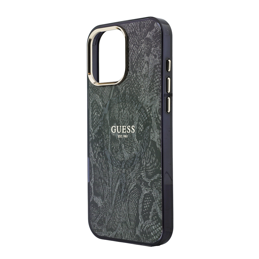 Apple iPhone 16 Pro Max Kılıf Guess Orjinal Lisanslı M-safe Şarj Özellikli Yazı Logolu Python Desenli Kapak Siyah