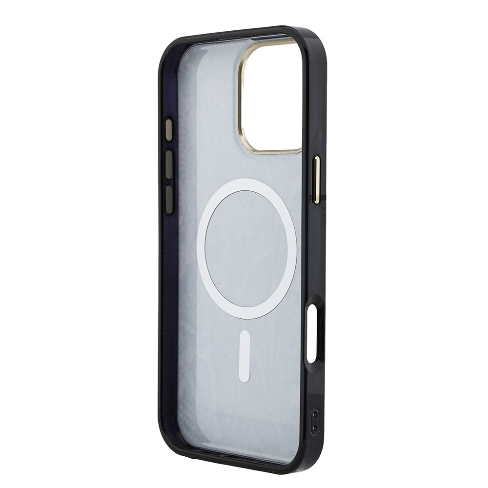 Apple iPhone 16 Pro Max Kılıf Guess Orjinal Lisanslı M-safe Şarj Özellikli Yazı Logolu Python Desenli Kapak Siyah