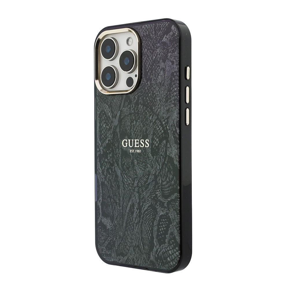Apple iPhone 16 Pro Max Kılıf Guess Orjinal Lisanslı M-safe Şarj Özellikli Yazı Logolu Python Desenli Kapak Siyah