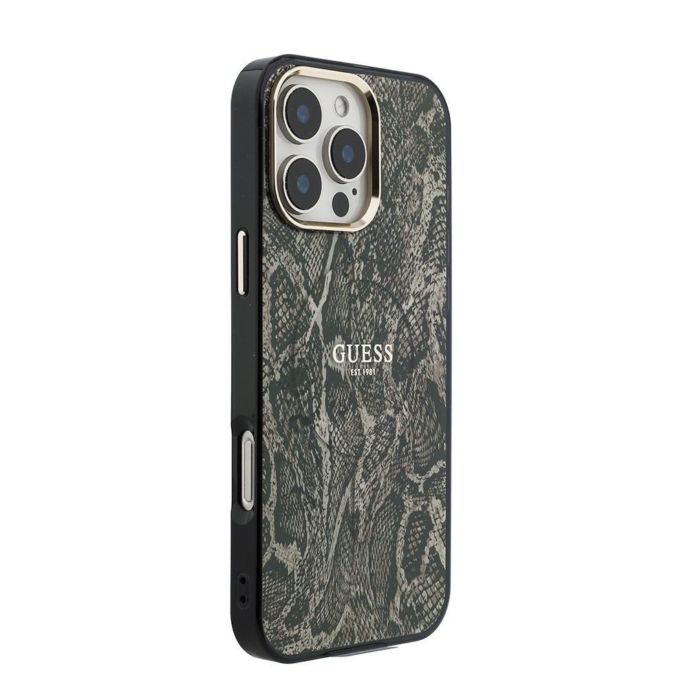 Apple iPhone 16 Pro Max Kılıf Guess Orjinal Lisanslı M-safe Şarj Özellikli Yazı Logolu Python Desenli Kapak Kahverengi