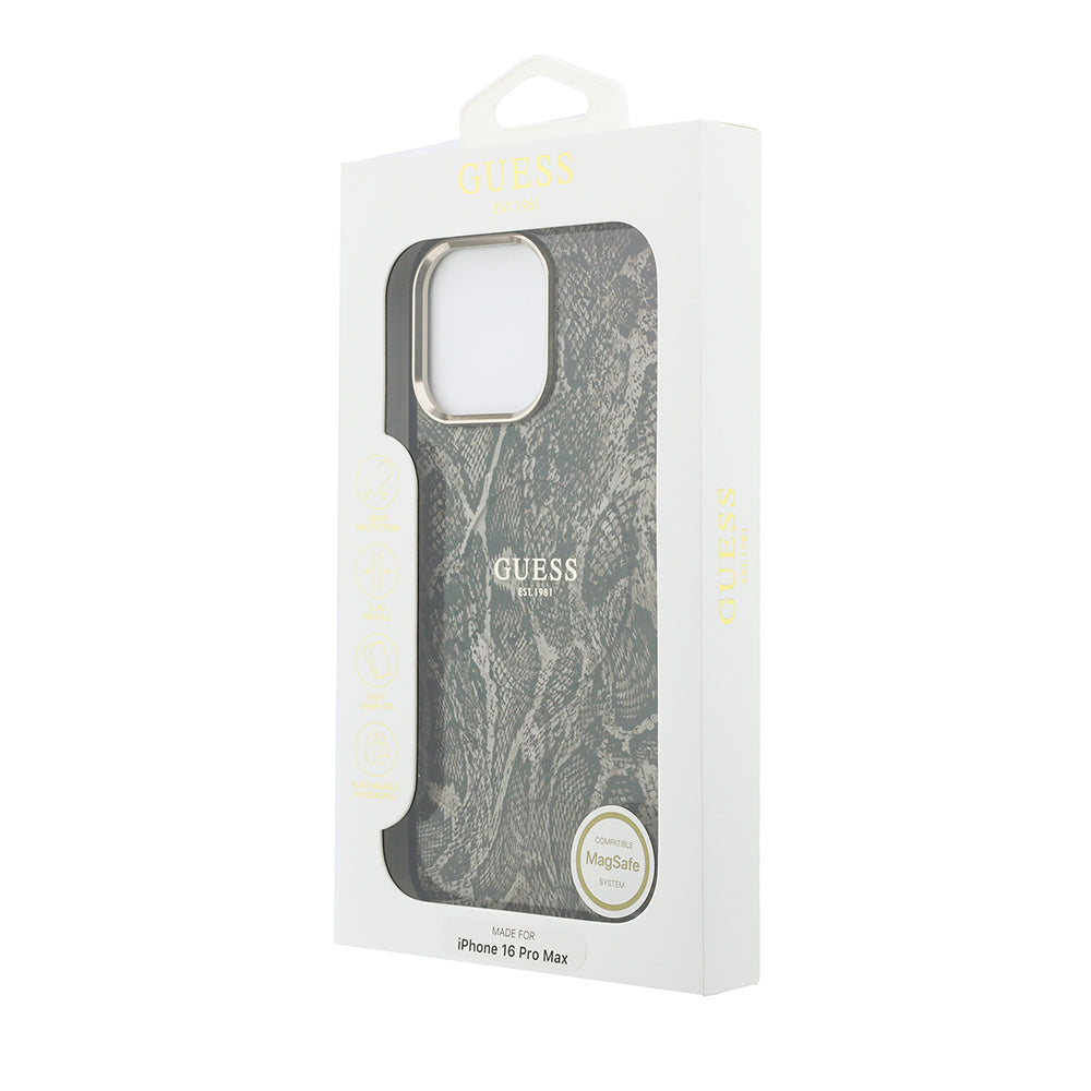 Apple iPhone 16 Pro Max Kılıf Guess Orjinal Lisanslı M-safe Şarj Özellikli Yazı Logolu Python Desenli Kapak Kahverengi