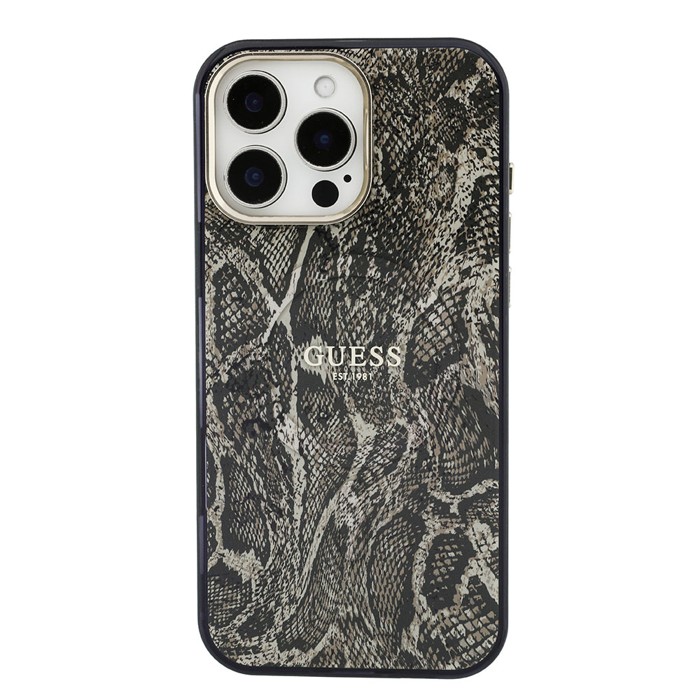 Apple iPhone 16 Pro Max Kılıf Guess Orjinal Lisanslı M-safe Şarj Özellikli Yazı Logolu Python Desenli Kapak Kahverengi