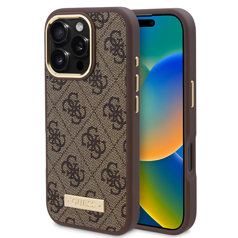 Apple iPhone 16 Pro Max Kılıf Guess Orjinal Lisanslı Magsafe Şarj Özellikli 4G Desenli PU Metal Plaka Klasik Logolu Kapak Pembe