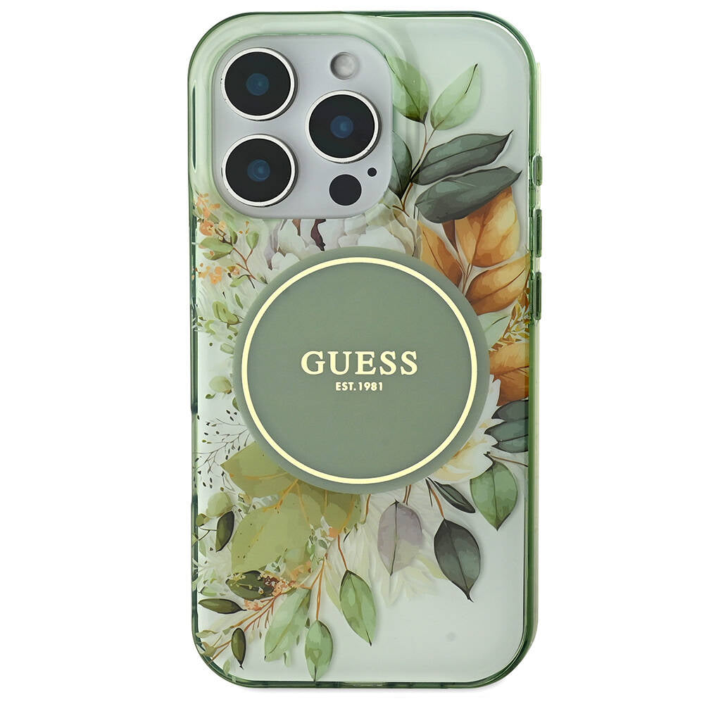 Apple iPhone 16 Pro Max Kılıf Guess Orjinal Lisanslı Magsafe Şarj Özellikli Flower Tonal Circle Kapak Yeşil