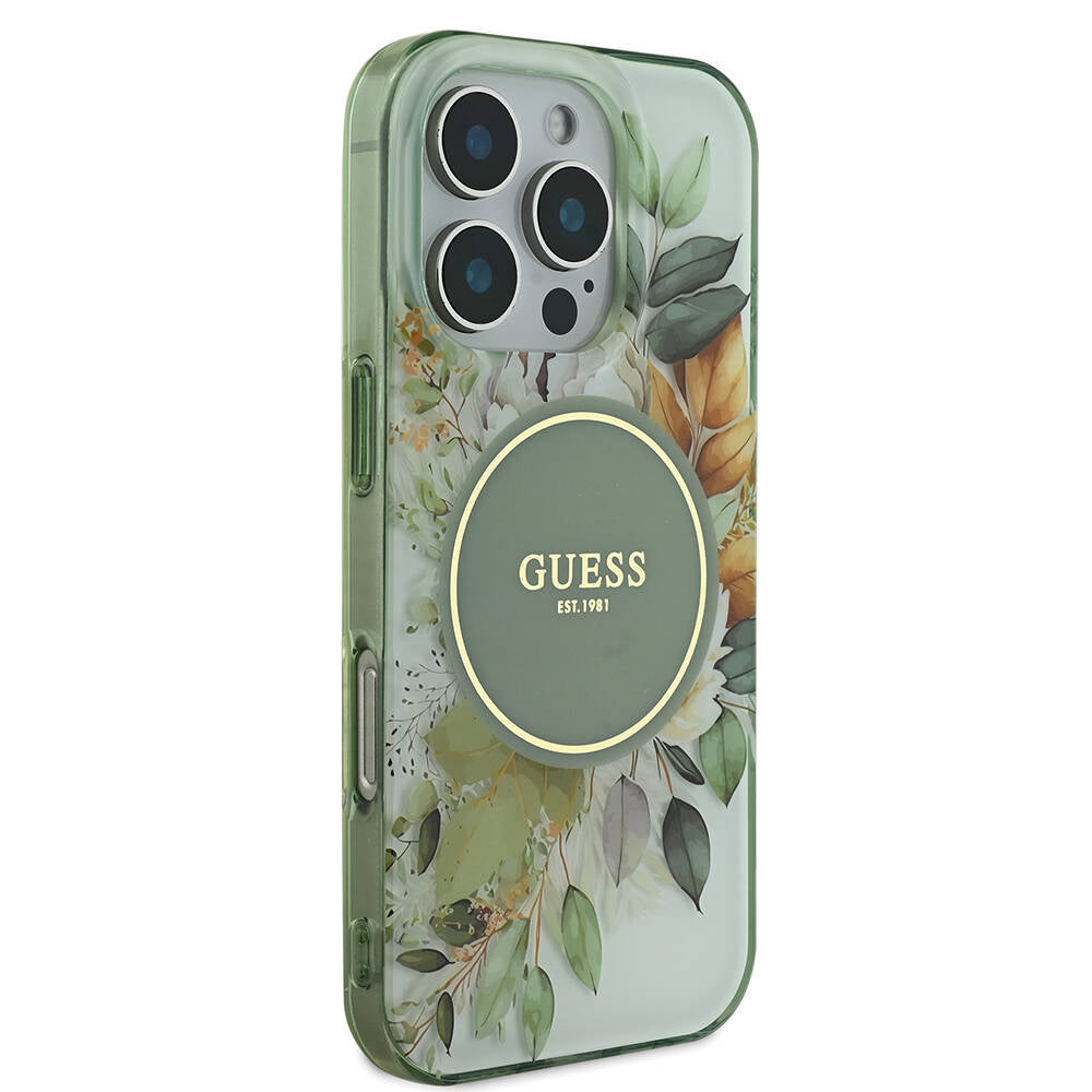 Apple iPhone 16 Pro Max Kılıf Guess Orjinal Lisanslı Magsafe Şarj Özellikli Flower Tonal Circle Kapak Yeşil