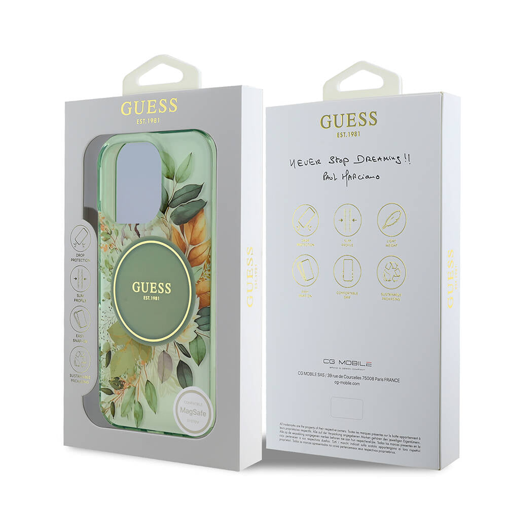 Apple iPhone 16 Pro Max Kılıf Guess Orjinal Lisanslı Magsafe Şarj Özellikli Flower Tonal Circle Kapak Yeşil