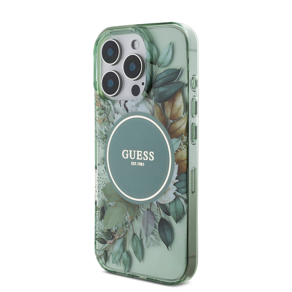 Apple iPhone 16 Pro Max Kılıf Guess Orjinal Lisanslı Magsafe Şarj Özellikli IML Baskılı Çiçek İnci Bileklikli Kapak Mor